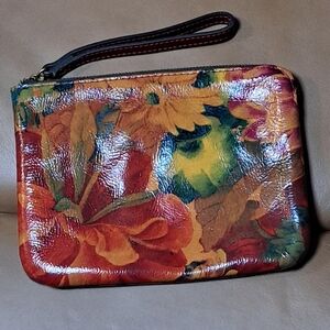 Patricia Nash floral wristlet pouch leather trim zip